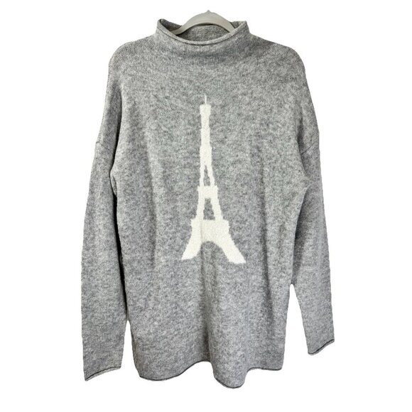 Cupcakes & Cashmere Eiffel Tower Sweater Womens Large Gray Pullover Mock Neck - Picture 1 of 9